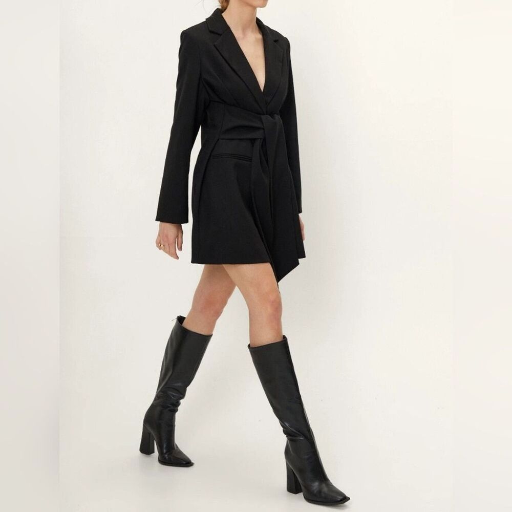 Nasty Gal Womens Black Collared Blazer Dress Button Draped Belt Long Slv Sz 8